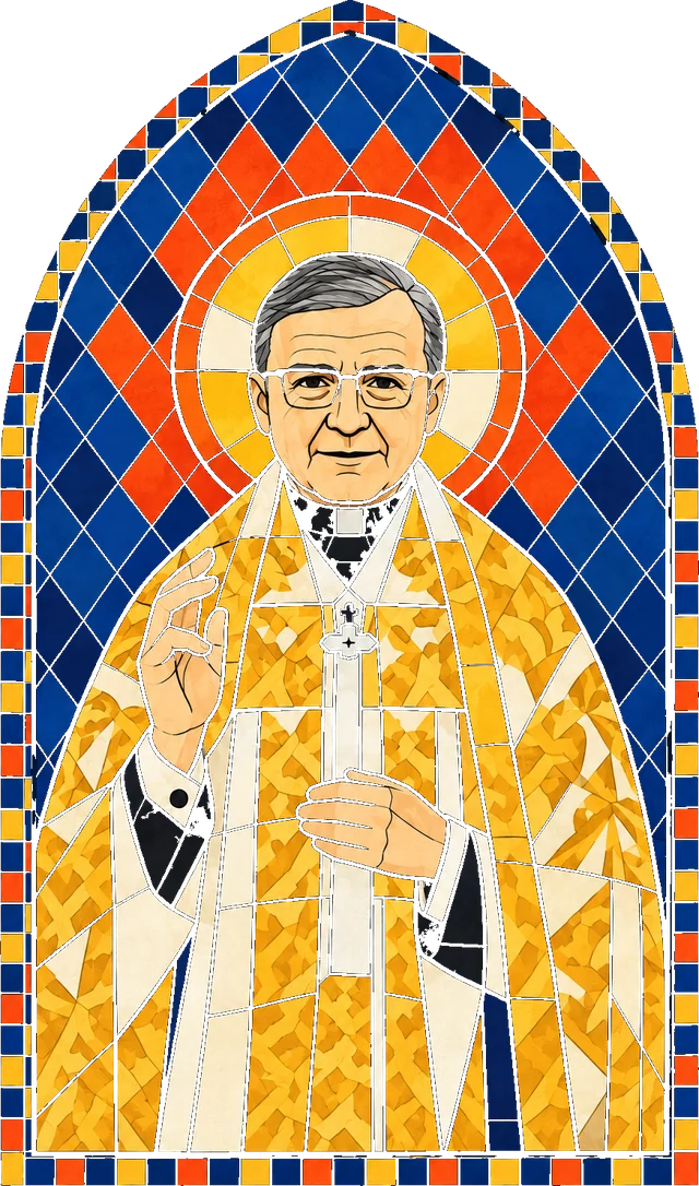 São Josemaria Escrivá em vitral, de paramento dourado, abençoando